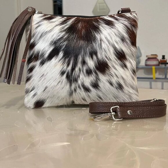 Women’s Western Cowhide Leather Tote Bag | Black & White Hair-On Hide Purse - Picture 2 of 8